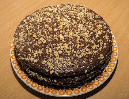 Chocolate cake with nuts and raisins